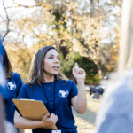 Volunteer talking with a clinical research coordinator
